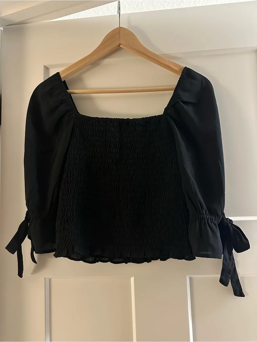 Abercrombie & Fitch Black Smocked Square-Neck Top with Tie Cuffs
